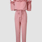 Frill Trim Off Shoulder Short Sleeve Tie Waist Overalls Casual Textured Jumpsuit Omfort