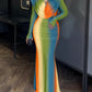 Tie Dye Print Cowl Neck Long Sleeve Backless Maxi Dress Slim Fit Zipper Back Ruched Mermaid Hem Evening Dress OMFORT