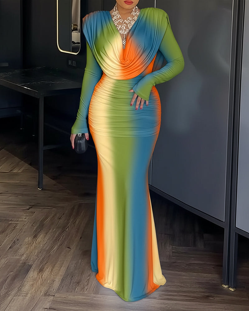 Tie Dye Print Cowl Neck Long Sleeve Backless Maxi Dress Slim Fit Zipper Back Ruched Mermaid Hem Evening Dress OMFORT