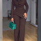 Cowl Neck Asymmetrical Textured Patchwork Cinched Waist Jumpsuit Casual Zipper Back Wide Leg Jumpsuit OMFORT