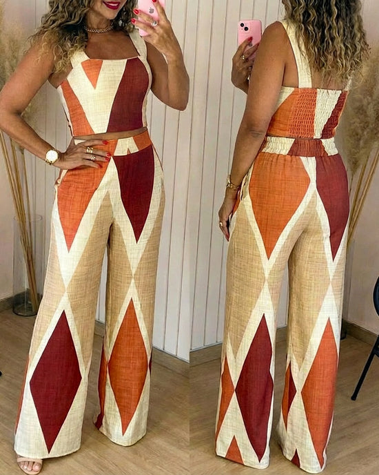 2 Pieces Outfit Square Neck Thick Strap Shirred Back Crop Tank Top and High Waist Elastic Back Waist Wide Leg Pants Set Casual Colorblock Geometric Print Vacation Set Omfort
