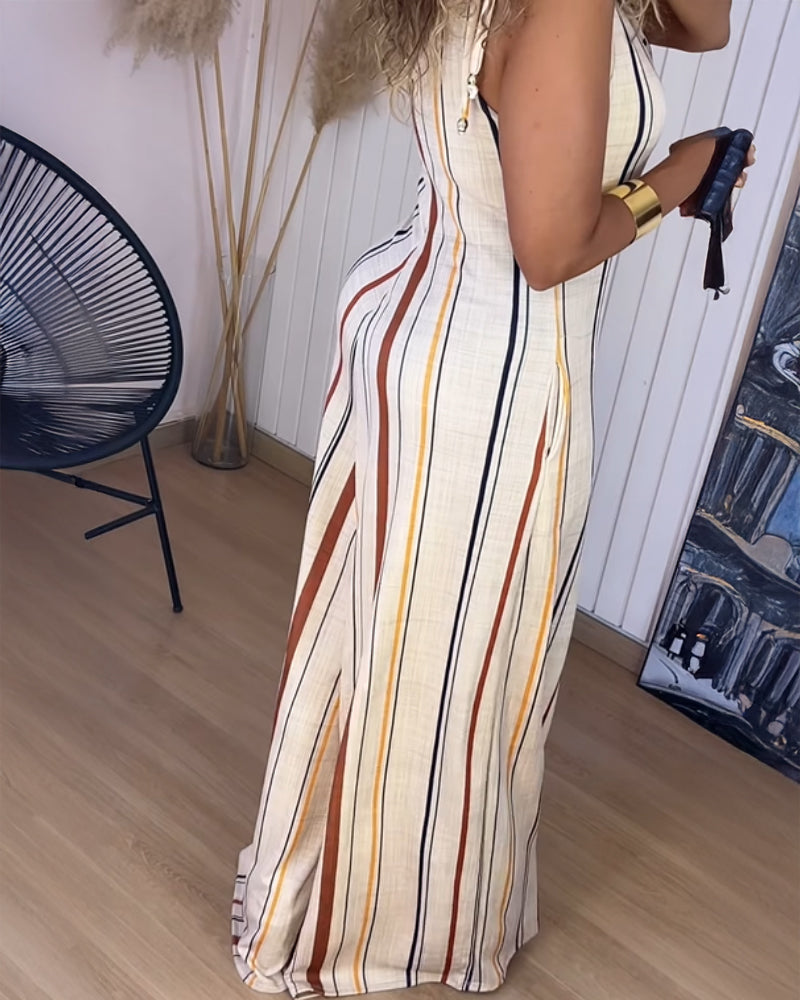 Striped V Neck Sleeveless Zipper Back Overalls Casual Shoulder Tied Wide Leg Jumpsuit With Pockets OMFORT