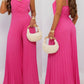 Pleated Design V Neck Adjustable Spaghetti Straps Cinched Waist Overalls Casual Pleated Flared Jumpsuit OMFORT