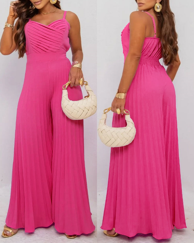 Pleated Design V Neck Adjustable Spaghetti Straps Cinched Waist Overalls Casual Pleated Flared Jumpsuit OMFORT