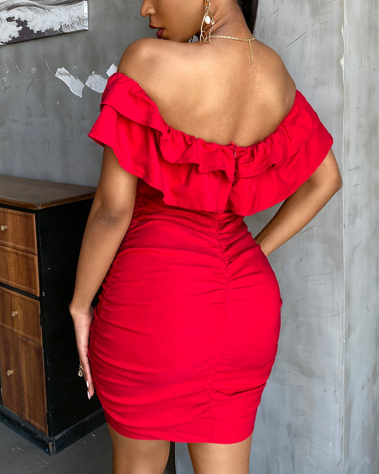 Off Shoulder Ruched Ruffles Bodycon Dress Omfort