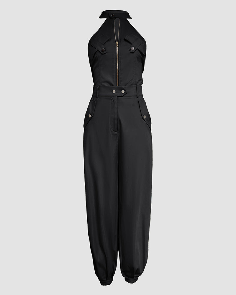 2 Pieces Outfits Sleeveless High Neck Cargo Pockets Design Top And Casual Cuffed Long Pants Set Omfort