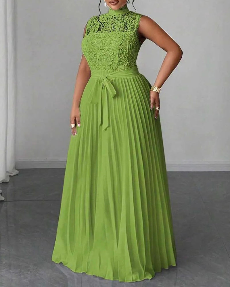 Mock Neck Sleeveless high Waist Pleated Maxi Dress Elegant Lace & Braided Spliced Zipper Back Evening Dress with Belt Omfort