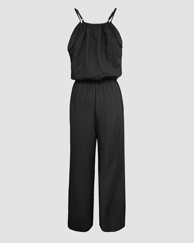 Spaghetti Strap Drawstring Tied Waist Jumpsuit Casual Overalls OMFORT