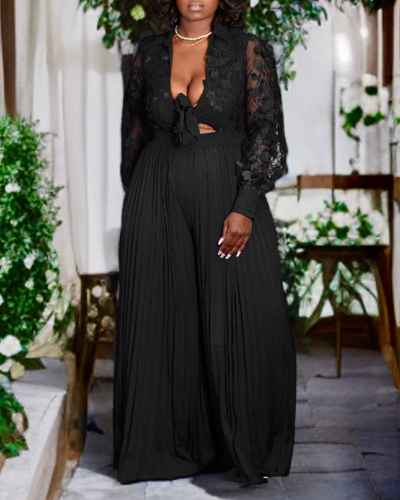 Jacquard Sheer Mesh Patch Turn-down Collar Jumpsuit Elegant Waist Tied Detail Pleated Flare Romper OMFORT