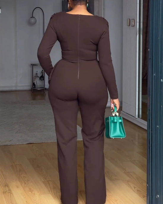 Cowl Neck Asymmetrical Textured Patchwork Cinched Waist Jumpsuit Casual Zipper Back Wide Leg Jumpsuit OMFORT