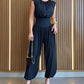 Padded Shoulders Sleeveless Cinched Waist Side High Slit Overalls Casual Hollow-out Back Ruched Jumpsuit Omfort