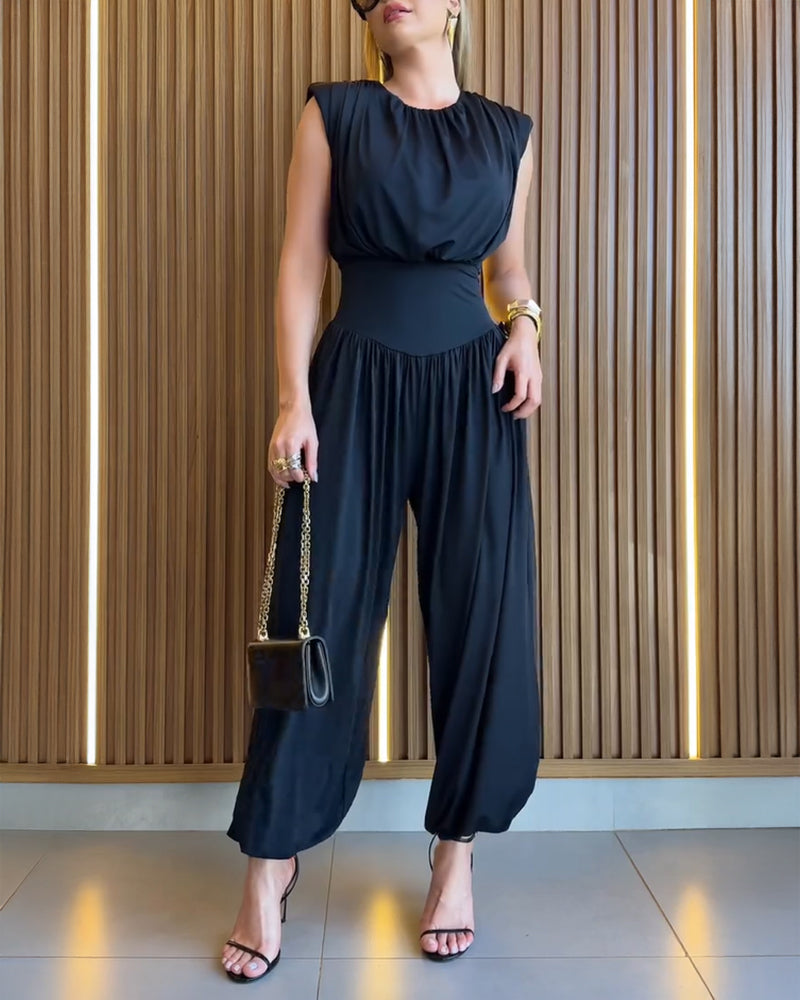Padded Shoulders Sleeveless Cinched Waist Side High Slit Overalls Casual Hollow-out Back Ruched Jumpsuit Omfort