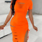 O Neck Short Sleeve Solid Color Cut Out Ruched Drawstring Bodycon Dress With Side Slit mysite