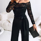 Off Shoulder Long Sleeve Eyelash Lace Spliced Slim Fit Overalls Casual Zipper Back Jumpsuit with Belt OMFORT