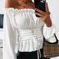 Frill Trim Off Shoulder Long Sleeve Lace-up Front Blouse Casual Shirred Waist Flared Hem Top OMFORT