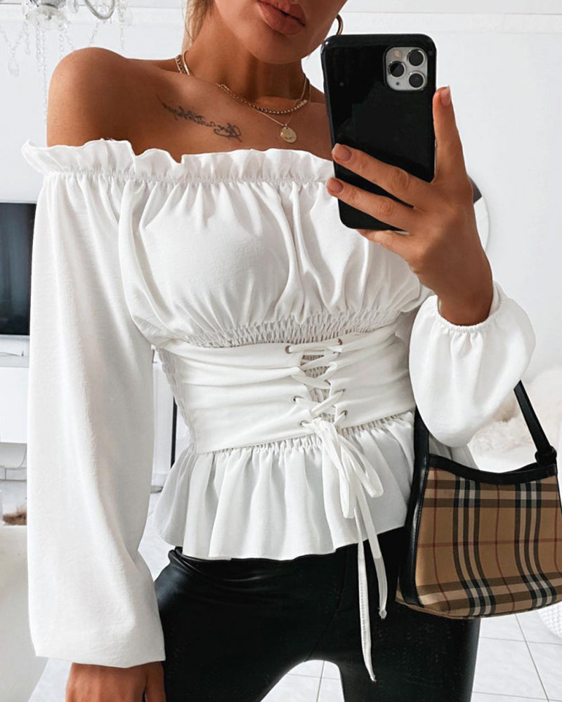 Frill Trim Off Shoulder Long Sleeve Lace-up Front Blouse Casual Shirred Waist Flared Hem Top OMFORT