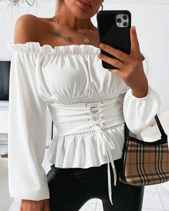 Frill Trim Off Shoulder Long Sleeve Lace-up Front Blouse Casual Shirred Waist Flared Hem Top OMFORT