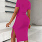 O Neck Short Sleeve Solid Color Cut Out Ruched Drawstring Bodycon Dress With Side Slit mysite