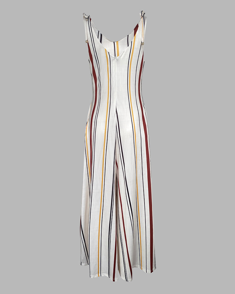 Striped V Neck Sleeveless Zipper Back Overalls Casual Shoulder Tied Wide Leg Jumpsuit With Pockets OMFORT