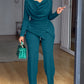 Cowl Neck Asymmetrical Textured Patchwork Cinched Waist Jumpsuit Casual Zipper Back Wide Leg Jumpsuit OMFORT