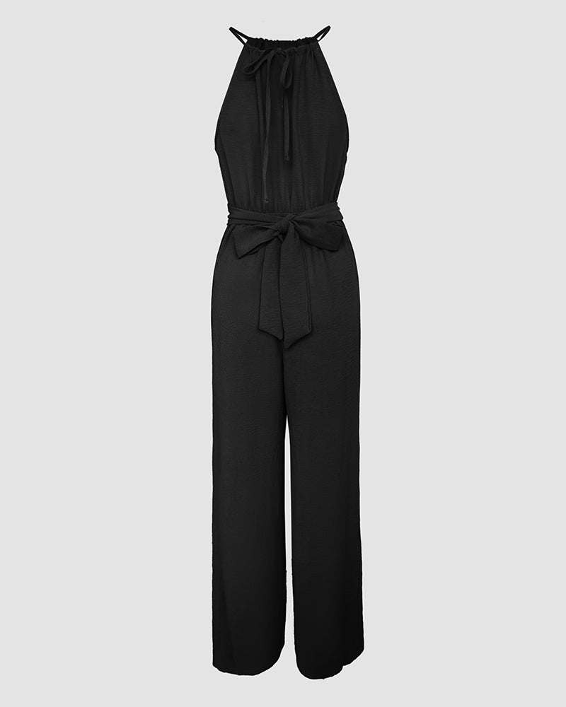 Halter Sleeveless Lace-up Jumpsuit Casual Waist Ruched Loose Fit Romper OMFORT