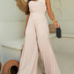 Pleated Design V Neck Adjustable Spaghetti Straps Cinched Waist Overalls Casual Pleated Flared Jumpsuit OMFORT