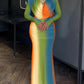 Tie Dye Print Cowl Neck Long Sleeve Backless Maxi Dress Slim Fit Zipper Back Ruched Mermaid Hem Evening Dress OMFORT