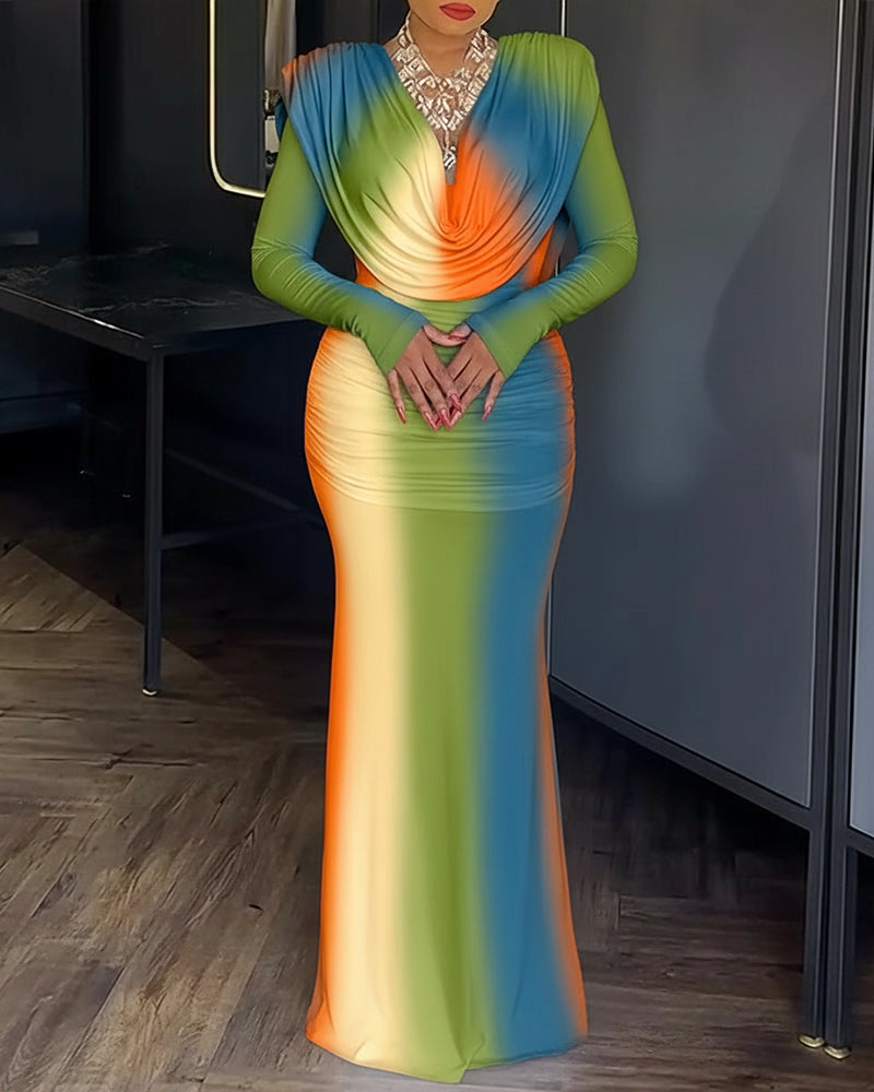 Tie Dye Print Cowl Neck Long Sleeve Backless Maxi Dress Slim Fit Zipper Back Ruched Mermaid Hem Evening Dress OMFORT