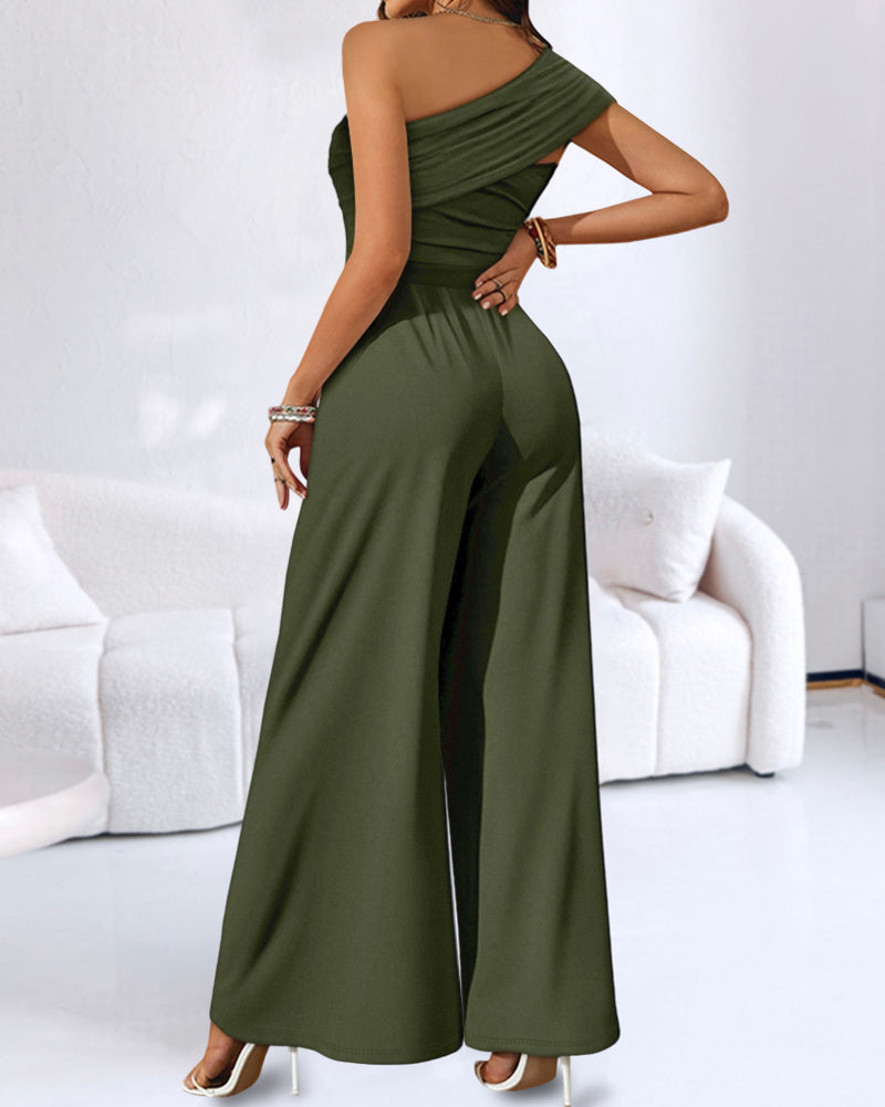 Cold Shoulder Ruched Buckle Wide Leg Jumpsuit Omfort