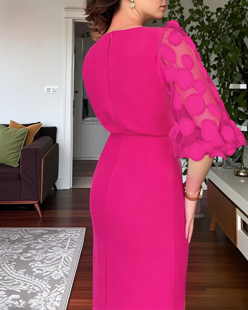 Polka Dot Mesh Lantern Sleeve Slit Midi Dress OMFORT