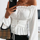 Frill Trim Off Shoulder Long Sleeve Lace-up Front Blouse Casual Shirred Waist Flared Hem Top OMFORT