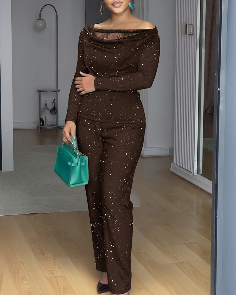 2 Pieces Outfit Cowl Neck Lace Spliced Long Sleeve Top and Elastic Waist Wide Leg Pants Set Casual Glitter Set Omfort