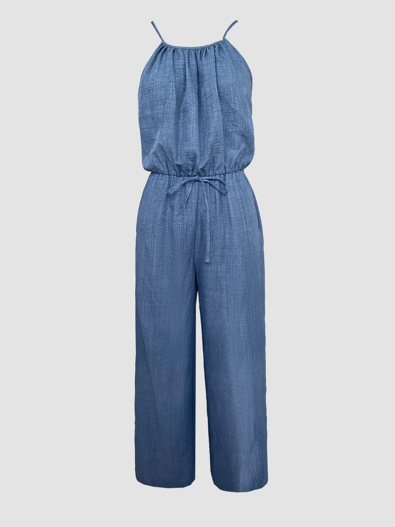Spaghetti Strap Drawstring Tied Waist Jumpsuit Casual Overalls OMFORT