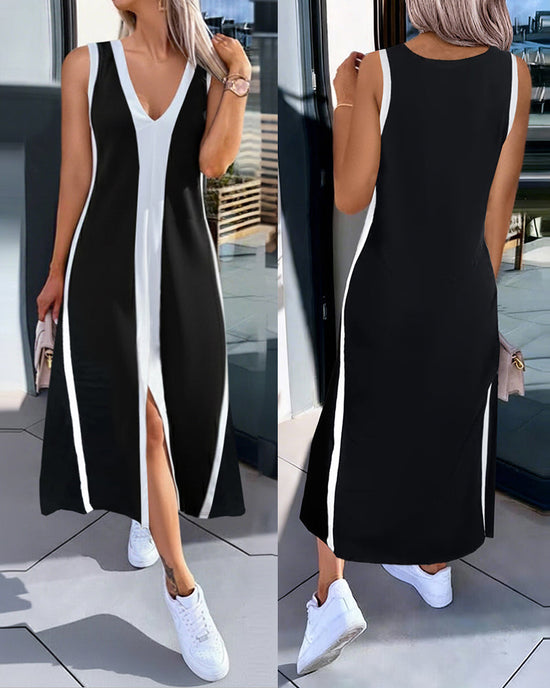 Colorblock Spliced Deep V-Neck Sleeveless Slit Front Dress omfort