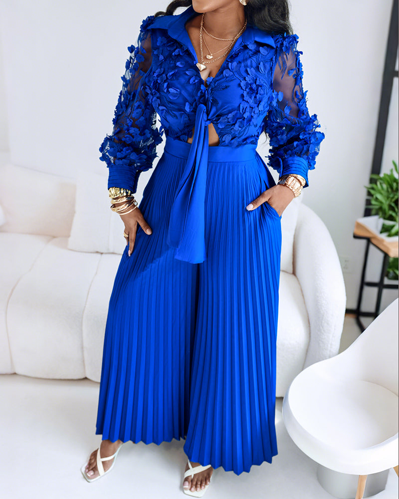 Jacquard Sheer Mesh Patch Turn-down Collar Jumpsuit Elegant Waist Tied Detail Pleated Flare Romper OMFORT