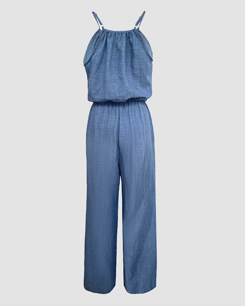 Spaghetti Strap Drawstring Tied Waist Jumpsuit Casual Overalls OMFORT