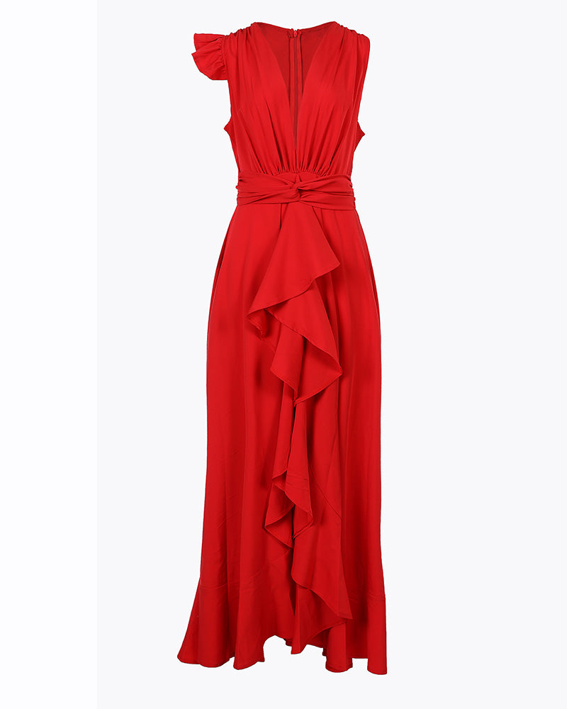 Deep V-Neck Ruffle Hem Slit Prom Dress Omfort
