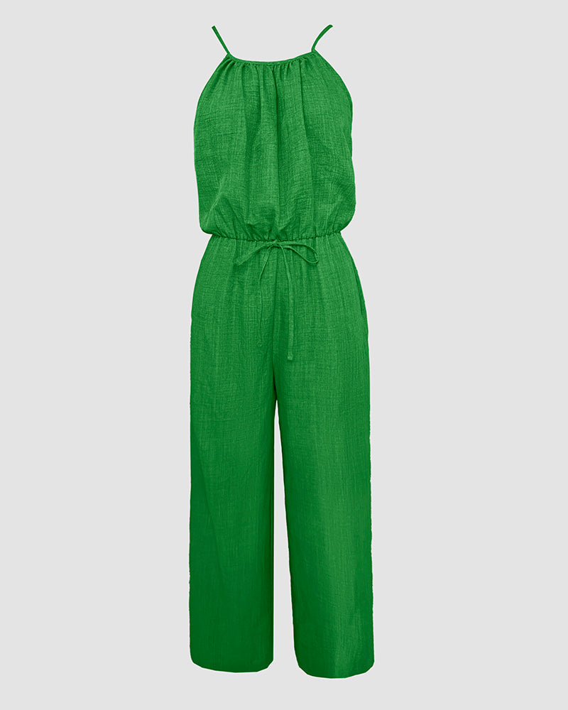 Spaghetti Strap Drawstring Tied Waist Jumpsuit Casual Overalls OMFORT