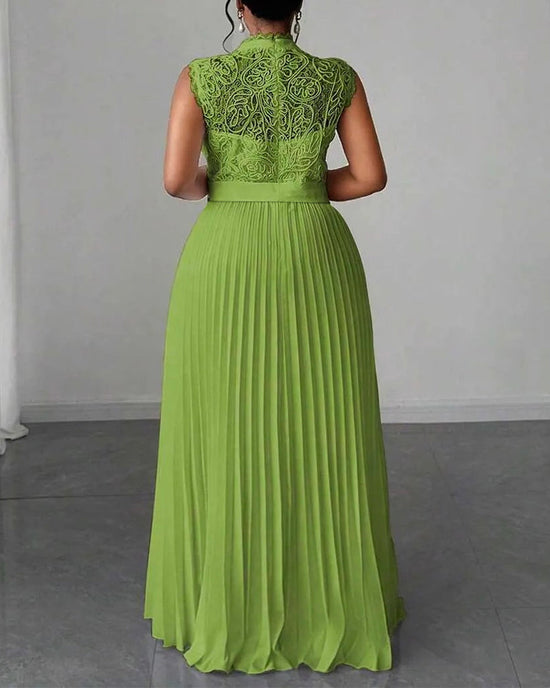 Mock Neck Sleeveless high Waist Pleated Maxi Dress Elegant Lace & Braided Spliced Zipper Back Evening Dress with Belt Omfort