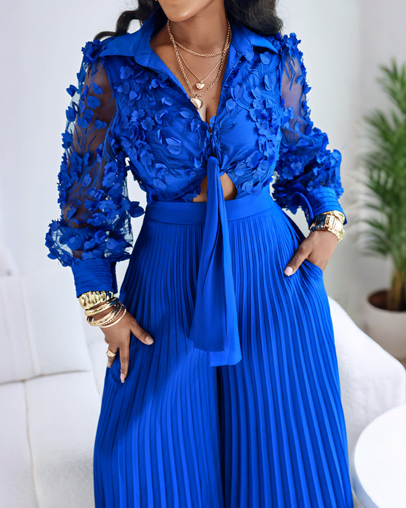 Jacquard Sheer Mesh Patch Turn-down Collar Jumpsuit Elegant Waist Tied Detail Pleated Flare Romper OMFORT