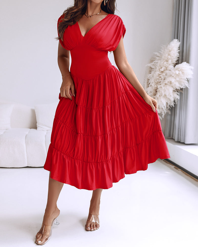 Textured V Neck Sleeveless Ruched Ruffles Hem Dress Casual Waist A Line Party Midi Dress OMFORT