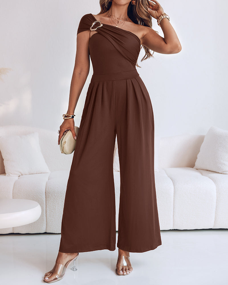 Cold Shoulder Ruched Buckle Wide Leg Jumpsuit Omfort