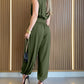 Padded Shoulders Sleeveless Cinched Waist Side High Slit Overalls Casual Hollow-out Back Ruched Jumpsuit Omfort