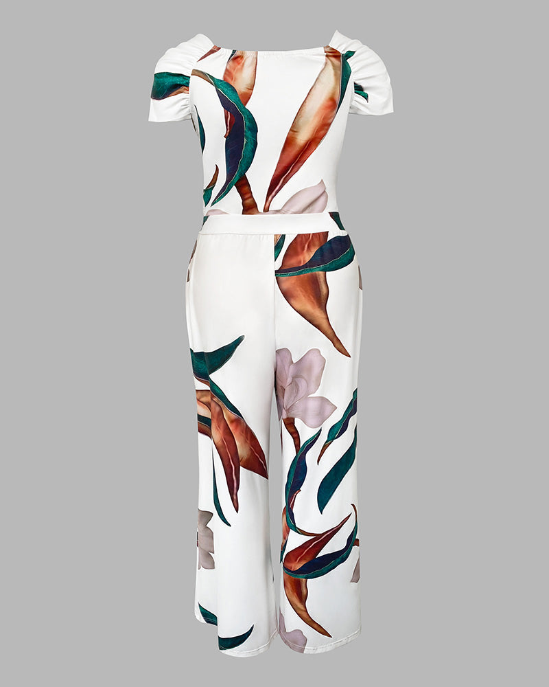 Plants Print Sweetheart Neck Short Sleeve Overalls Causal Ruched Wide Leg Jumpsuit OMFORT