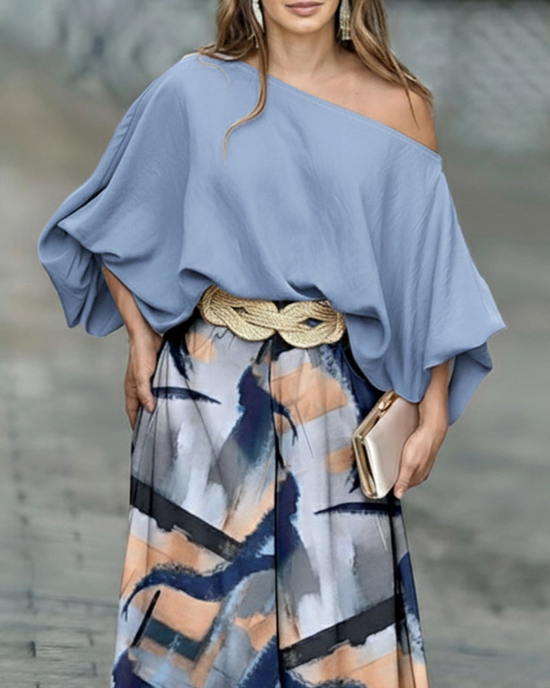 2 Pieces Outfit Skew Neck Batwing Sleeve Stretchy Hem Top and Casual Abstract Print Zipper Fly Elastic Back Waist Wide Leg Pants Set without Belt Omfort