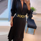 Elegant Women's Puff Long Sleeve V-neck Pleated Maxi Dress Dinner Dress (Without Belt) OMFORT