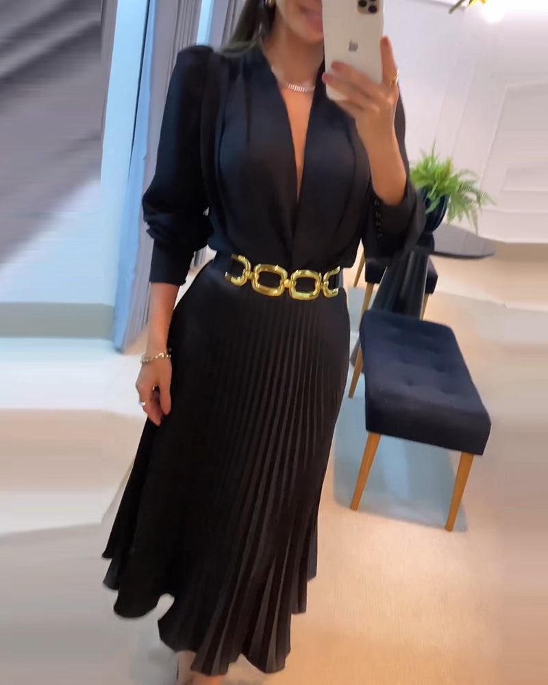 Elegant Women's Puff Long Sleeve V-neck Pleated Maxi Dress Dinner Dress (Without Belt) OMFORT