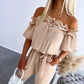 Frill Trim Off Shoulder Short Sleeve Tie Waist Overalls Casual Textured Jumpsuit Omfort