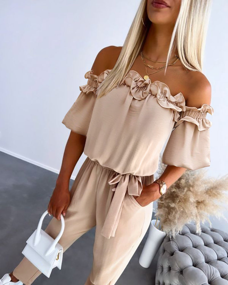 Frill Trim Off Shoulder Short Sleeve Tie Waist Overalls Casual Textured Jumpsuit Omfort