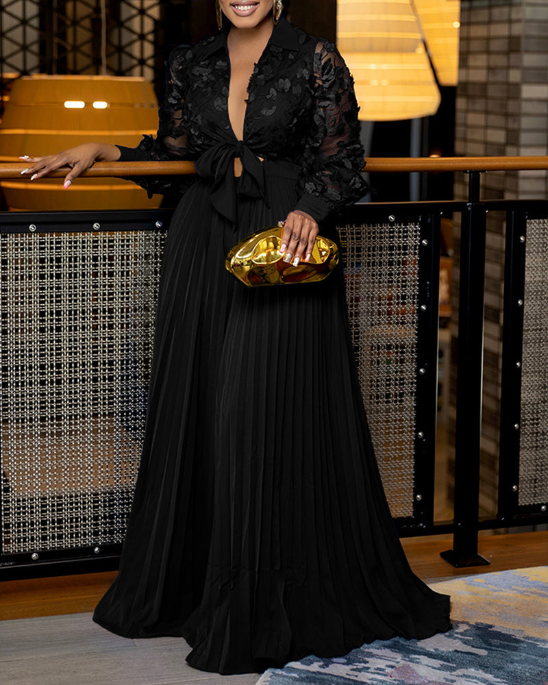 Jacquard Sheer Mesh Patch Turn-down Collar Jumpsuit Elegant Waist Tied Detail Pleated Flare Romper OMFORT